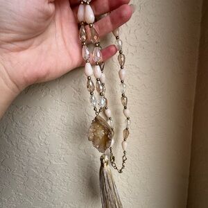 Dusty Quartz Pendant with Beaded Necklace and Tassle